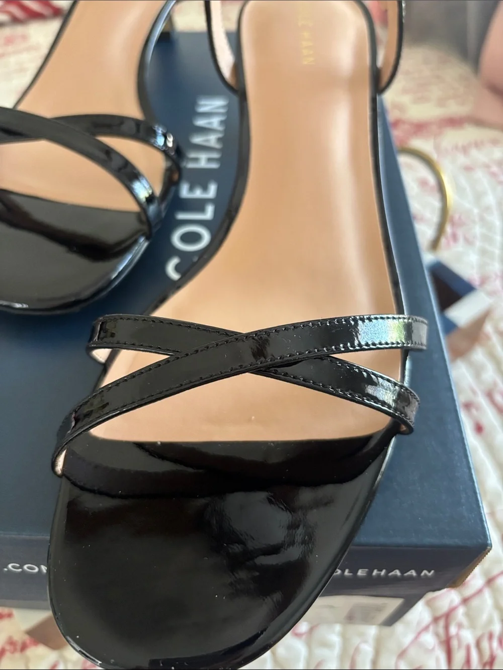 NWT Cole Haan Leni Black Patent Leather Strappy Kitten Heel Sandals. SZ 11M